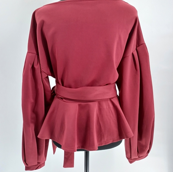 Lantern Sleeve Belted Wrap Off the Shoulder Top - Picture 4 of 8